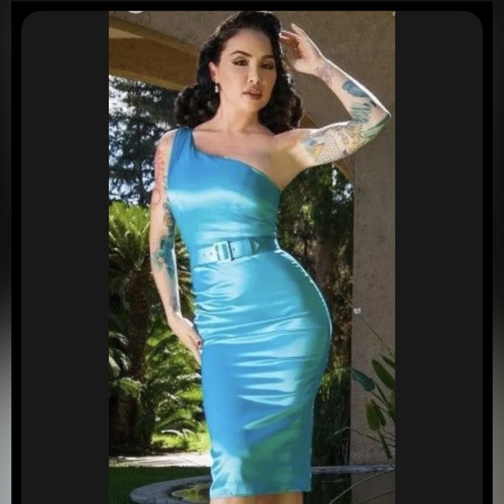 Pinup Couture “Vivienne” wiggle dress in blue satin, size S